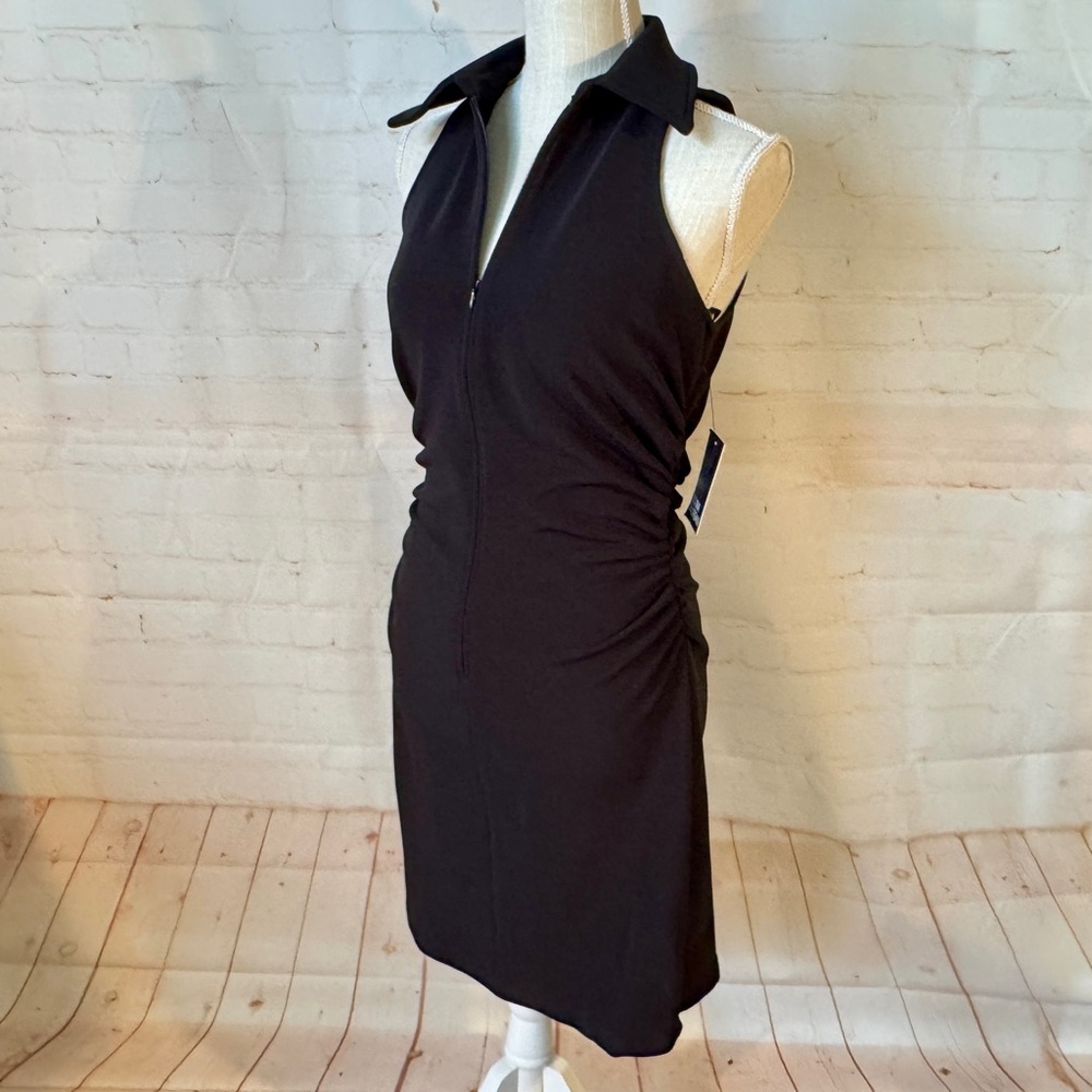 🆕 Donna Morgan Black Sleeveless Mini Dress Collar Front Zipper Scrunched XS 0